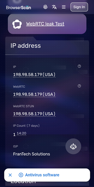 手机浏览器访问 BrowserScan 进行 WebRTC 检测的截图，界面显示红色的 Leak 泄露警告及检测到的美国 IP 地址