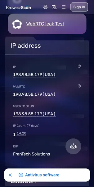 手机浏览器访问 BrowserScan 进行 WebRTC 检测的截图，界面显示红色的 Leak 泄露警告及检测到的美国 IP 地址