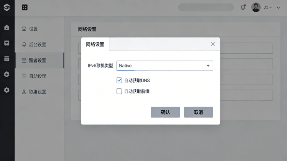 路由器后台设置截图：显示IPv6联机类型选择Native，并勾选自动获取DNS和前缀的界面