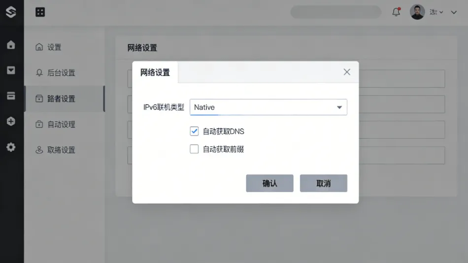 路由器后台设置截图：显示IPv6联机类型选择Native，并勾选自动获取DNS和前缀的界面