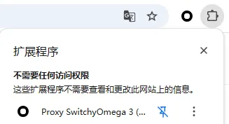 Chrome 浏览器右上角扩展程序菜单，显示 Proxy SwitchyOmega 3 (ZeroOmega) 及其右侧的固定按钮（图钉图标）