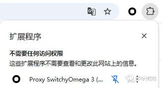 Chrome 浏览器右上角扩展程序菜单，显示 Proxy SwitchyOmega 3 (ZeroOmega) 及其右侧的固定按钮（图钉图标）