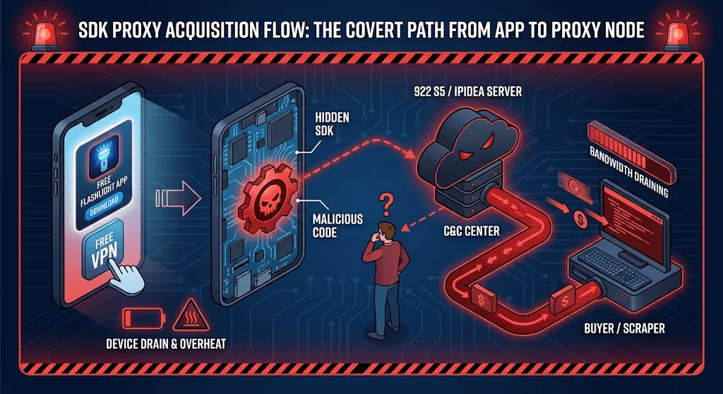 SDK 获客模式图解：从免费 App 到用户手机变成代理节点的隐秘路径