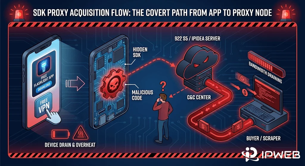SDK 获客模式图解：从免费 App 到用户手机变成代理节点的隐秘路径