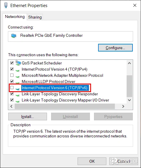 Windows网卡属性中临时关闭Internet Protocol Version 6排查IPv6直连