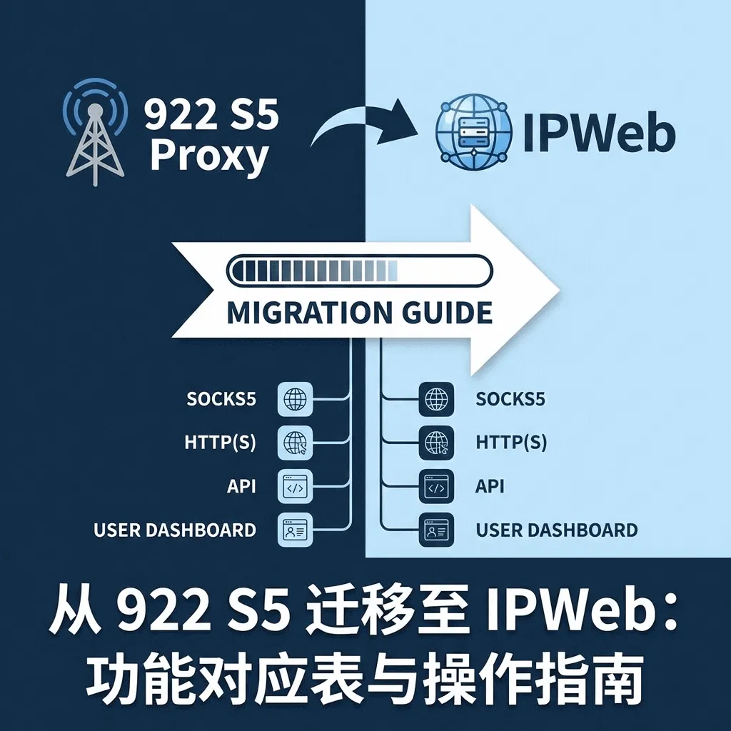 922 S5 到 IPWeb 迁移指南封面：一张包含 SOCKS5、HTTP(S) 和 API 等关键功能的功能对应表和操作指引图。