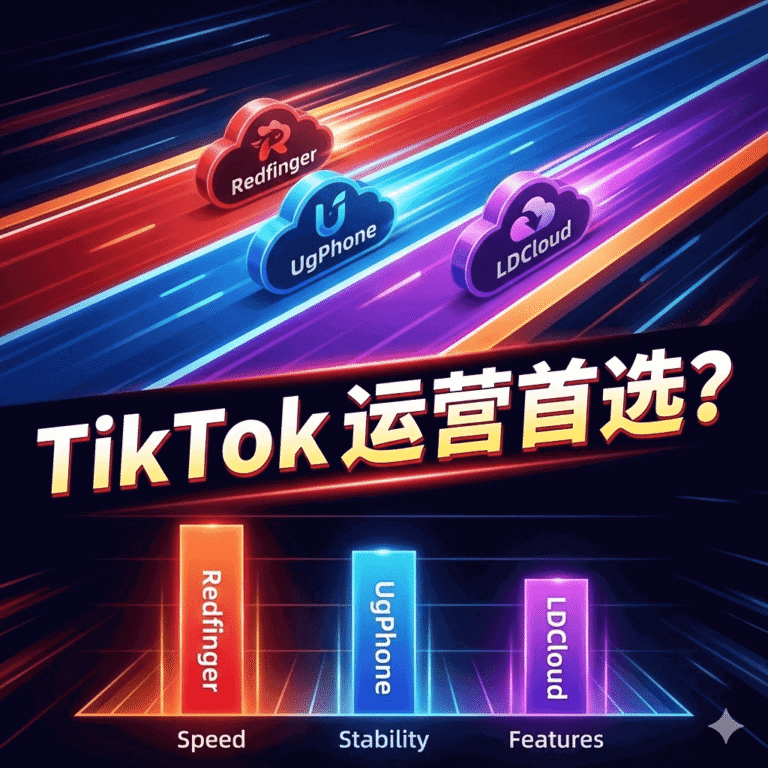 2026年全球云手机深度评测封面,在竞技赛道背景上并排展示Redfinger、UgPhone与雷电云三个品牌的Logo,下方有性能对比条形图。