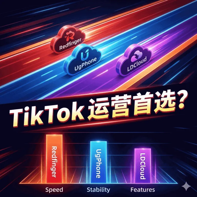 2026年全球云手机深度评测封面，在竞技赛道背景上并排展示Redfinger、UgPhone与雷电云三个品牌的Logo，下方有性能对比条形图。