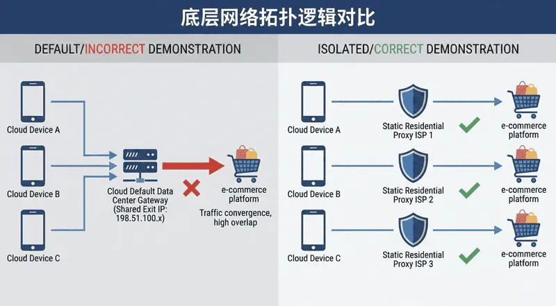 比特云默认机房共享网络与配置独立静态住宅代理 (ISP) 出口的底层拓扑逻辑对比结构图，展示一机一IP的隔离效果