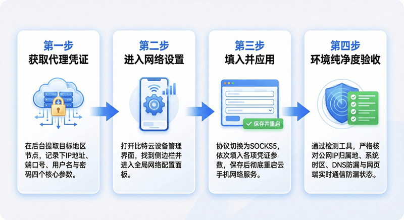 比特云 SOCKS5 代理配置四步标准流程图，依次展示获取代理凭证、进入网络设置、填入应用和环境验收环节