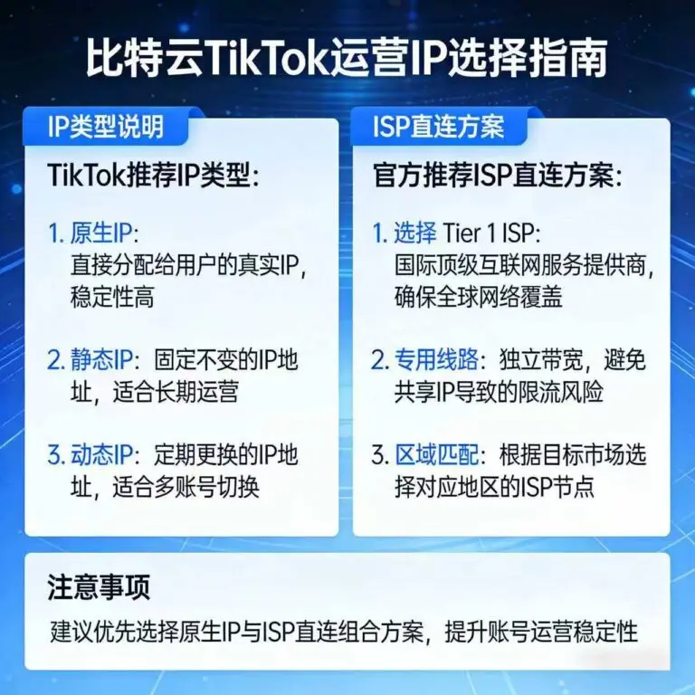 比特云TikTok运营IP类型与ISP直连方案