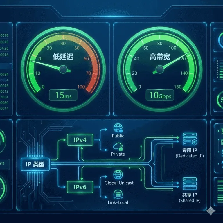 云手机TikTok网络要求全解析封面，一个科技感的数据仪表盘可视化图表，显示着低延迟、高带宽指标以及原生IP类型的分类。
