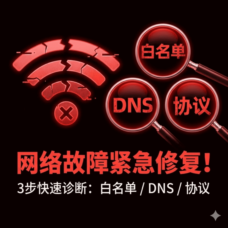 云手机代理无网络故障排查封面，一个断开连接的WiFi信号警告图标，旁边有三个放大镜分别指向“白名单”、“DNS”和“协议”文字。