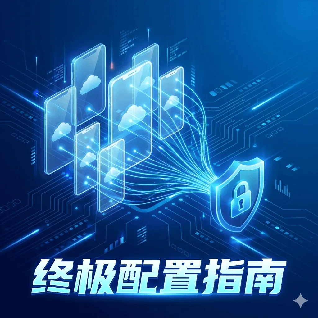 云手机代理配置终极指南封面图，概念化展示多个云手机屏幕通过安全线路连接到中心的代理服务器盾牌，背景为科技蓝。