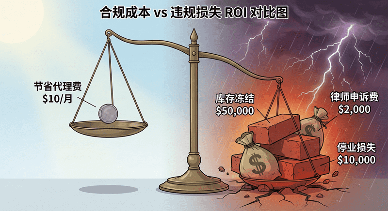 风险ROI分析图：节省微薄的代理费用 vs 承担店铺被封导致的巨额库存和资金冻结损失
