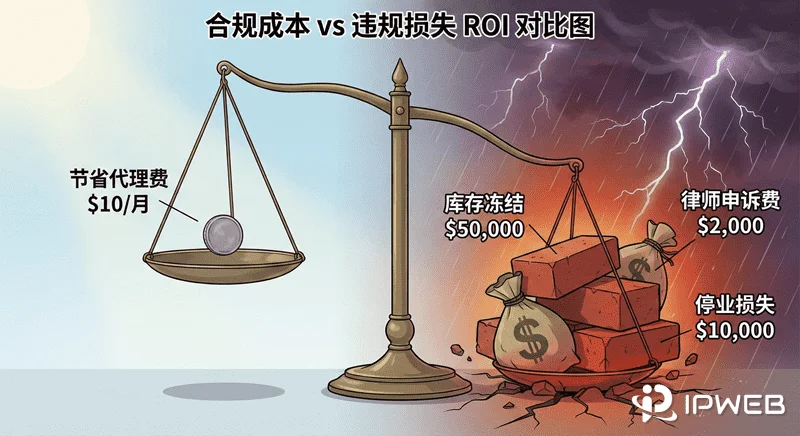 风险ROI分析图：节省微薄的代理费用 vs 承担店铺被封导致的巨额库存和资金冻结损失