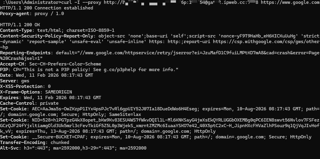 使用 curl 命令检测代理 IP 的响应头信息