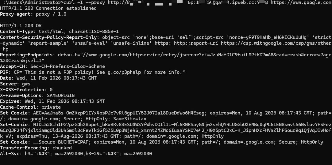 使用 curl 命令检测代理 IP 的响应头信息