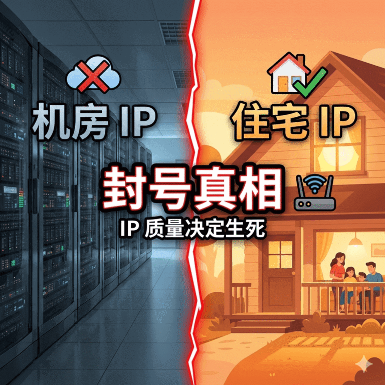 揭秘云手机账号被封原因封面，对比构图，左侧是灰暗的机房服务器机柜（代表机房IP），右侧是温馨的家庭房屋（代表住宅ISP）。