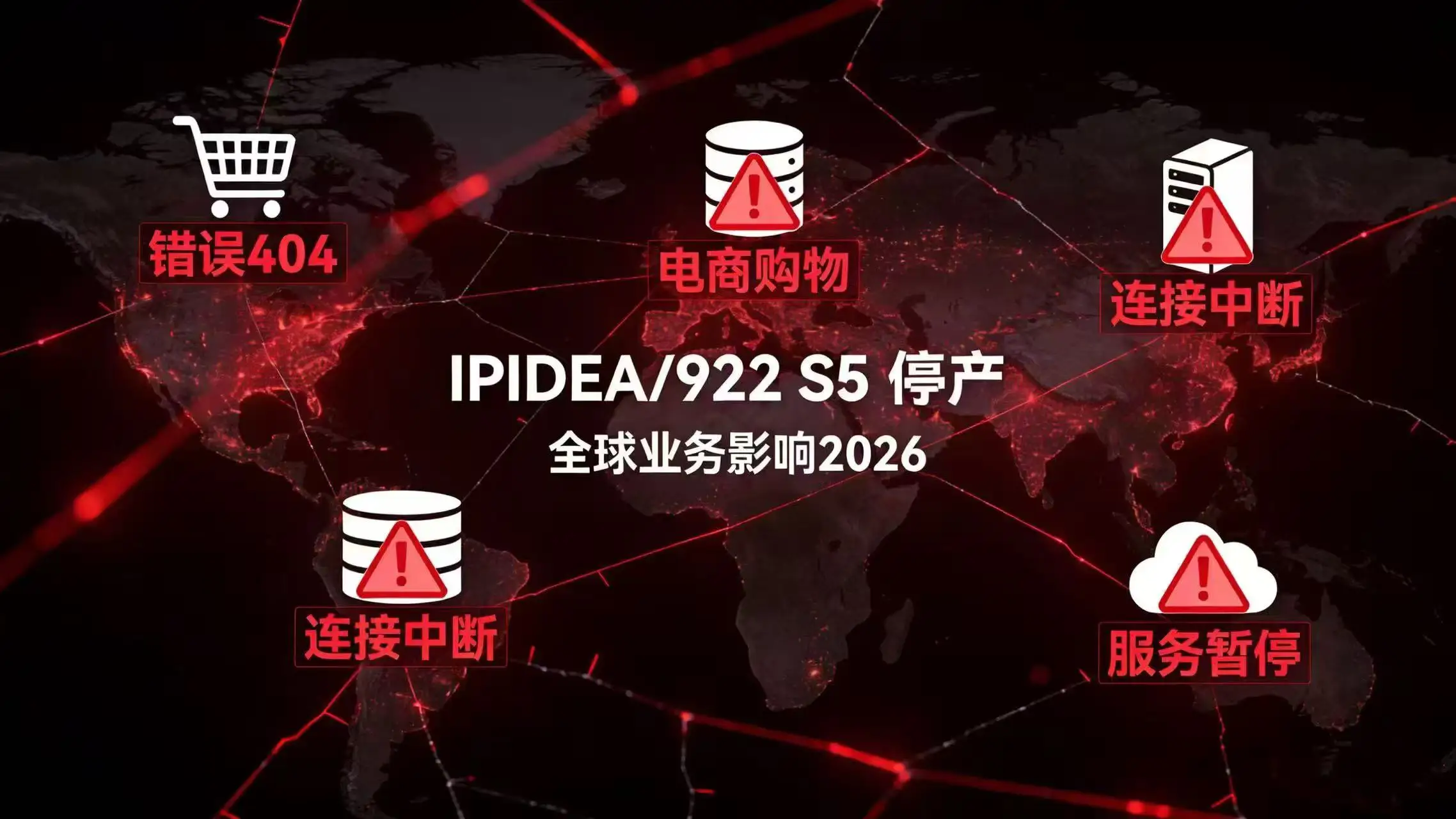 IPIDEA 与 922 S5 服务中断导致全球跨境电商与数据业务停摆示意图