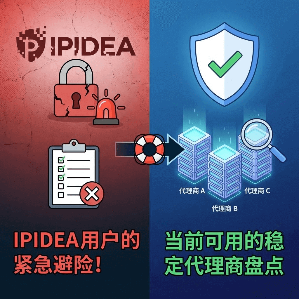 IPIDEA 用户紧急避险指南封面：展示从有风险的 IPIDEA 服务转移到当前稳定、安全的替代代理商列表的对比图。