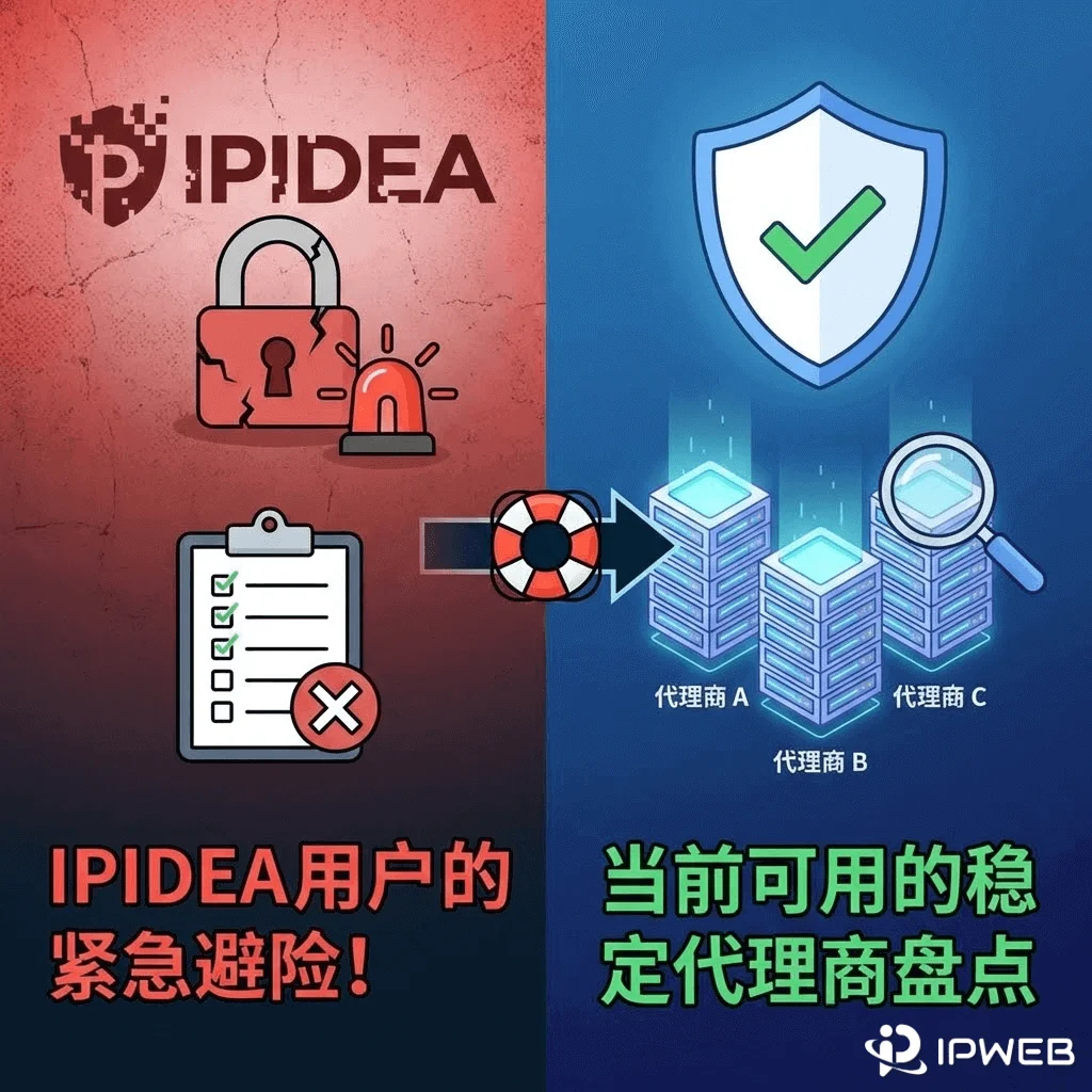 IPIDEA 用户紧急避险指南封面：展示从有风险的 IPIDEA 服务转移到当前稳定、安全的替代代理商列表的对比图。