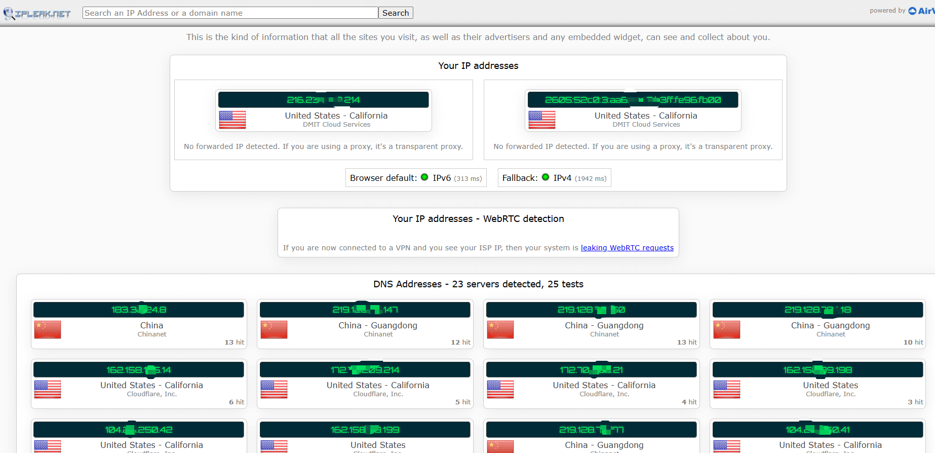 用 ipleak.net 进行 WebRTC 与 DNS 泄露测试，排查云手机真实 IP 与内网地址是否穿透代理隧道