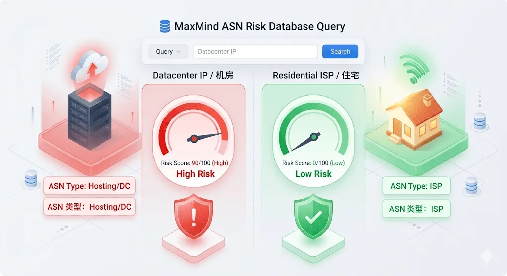 MaxMind 数据库中数据中心 IP 与 ISP 住宅 IP 的 ASN 风险评分对比