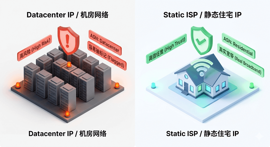 静态住宅 IP 与数据中心机房 IP 在平台风控系统中的信任度评级对比图