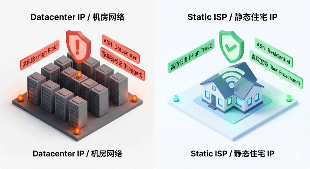 静态住宅 IP 与数据中心机房 IP 在平台风控系统中的信任度评级对比图