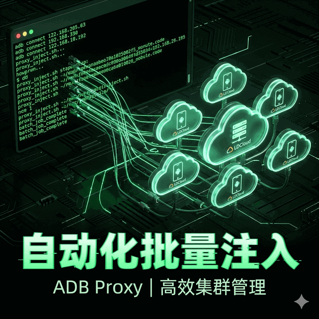 雷电云手机自动化配置封面,极客风格的黑色命令行终端窗口显示绿色ADB代码,正在批量连接多台云手机进行代理注入。
