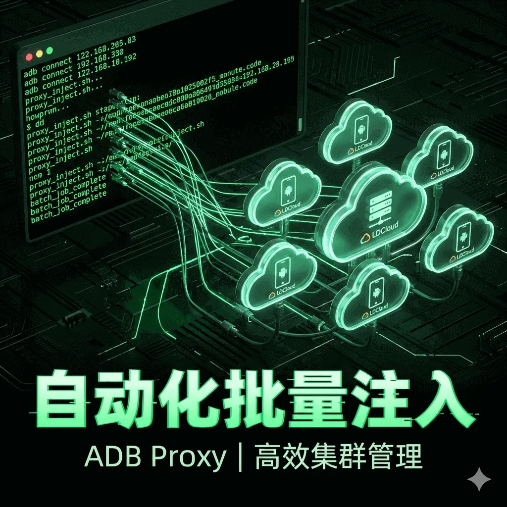 雷电云手机自动化配置封面，极客风格的黑色命令行终端窗口显示绿色ADB代码，正在批量连接多台云手机进行代理注入。