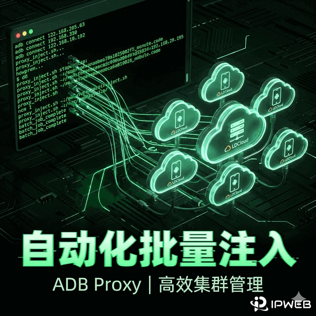 雷电云手机自动化配置封面，极客风格的黑色命令行终端窗口显示绿色ADB代码，正在批量连接多台云手机进行代理注入。