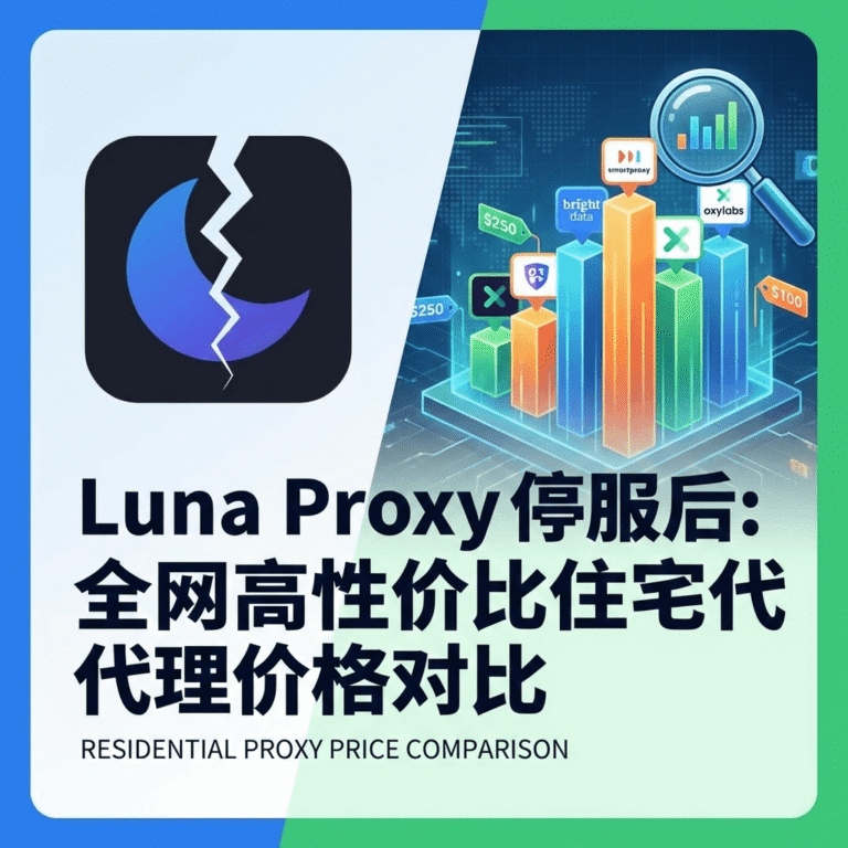 博客封面图：左侧显示破碎的 Luna Proxy 图标象征其停服；右侧是在放大镜下对比 Smartproxy、Bright Data 和 Oxylabs 等高性价比住宅代理价格的柱状图表。