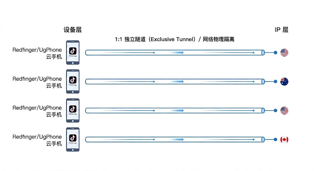 多台云手机矩阵部署中的一机一号一 IP 网络隔离拓扑结构图