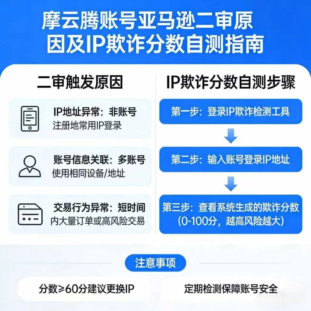 摩云腾云手机亚马逊账号二审触发原因与IP欺诈分数自测