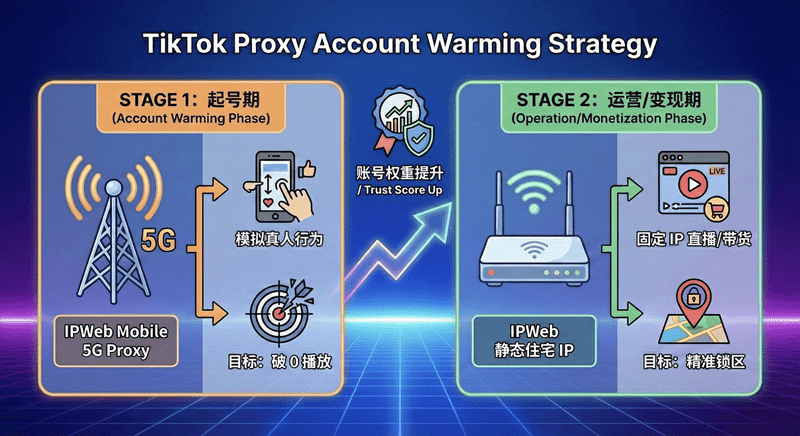 TikTok 账号分阶段养号策略流程图：第一阶段使用 5G 移动代理模拟真人冷启动，第二阶段切换静态住宅 IP 锁定流量