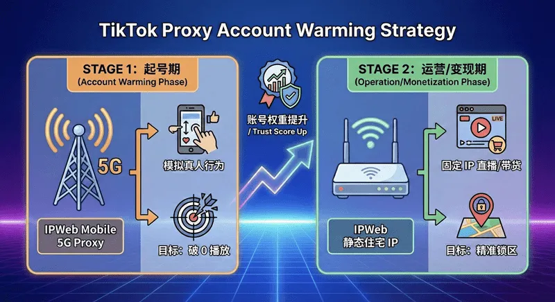 TikTok 账号分阶段部署策略流程图：第一阶段使用 5G 移动代理模拟真人冷启动，第二阶段切换静态住宅 IP 锁定流量