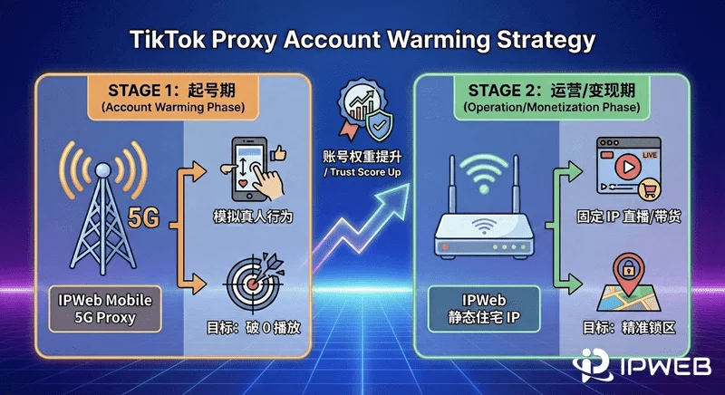 TikTok 账号分阶段部署策略流程图：第一阶段使用 5G 移动代理模拟真人冷启动，第二阶段切换静态住宅 IP 锁定流量