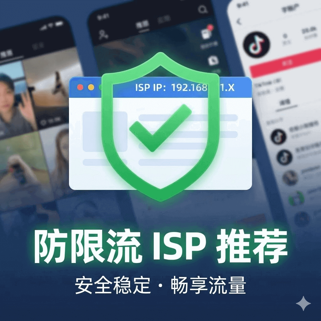TikTok防限流配置指南封面,一个绿色的验证通过对钩标志叠加在静态住宅IP图标之上,背景是模糊处理的TikTok应用界面。