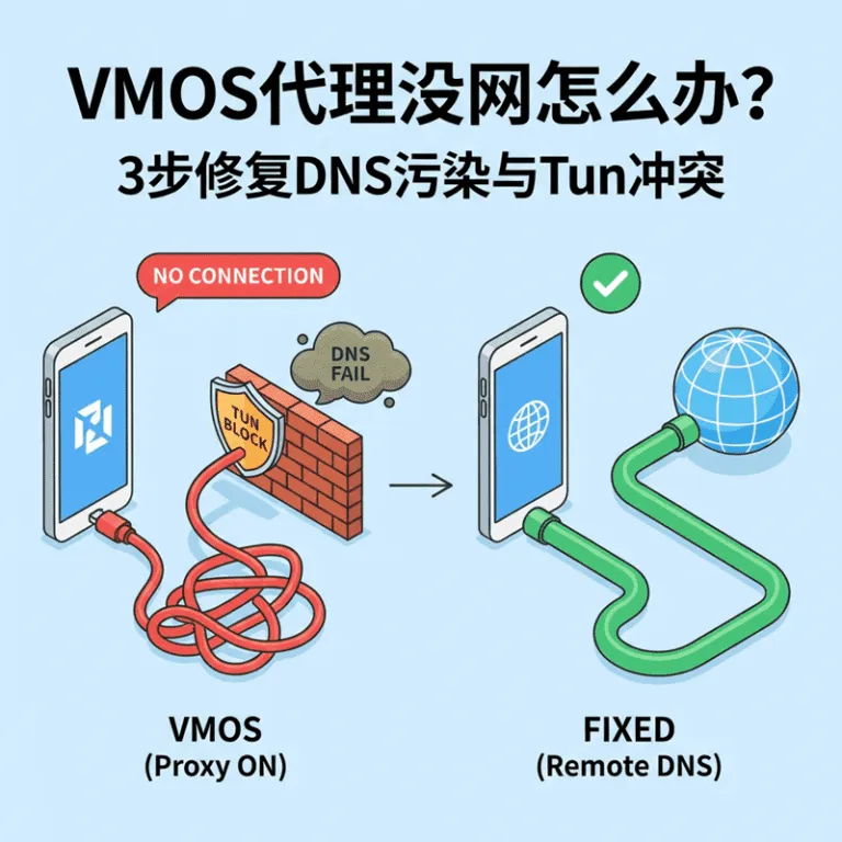 如何通过解决Tun模式冲突与开启远程DNS，修复VMOS连不上网及DNS污染问题。