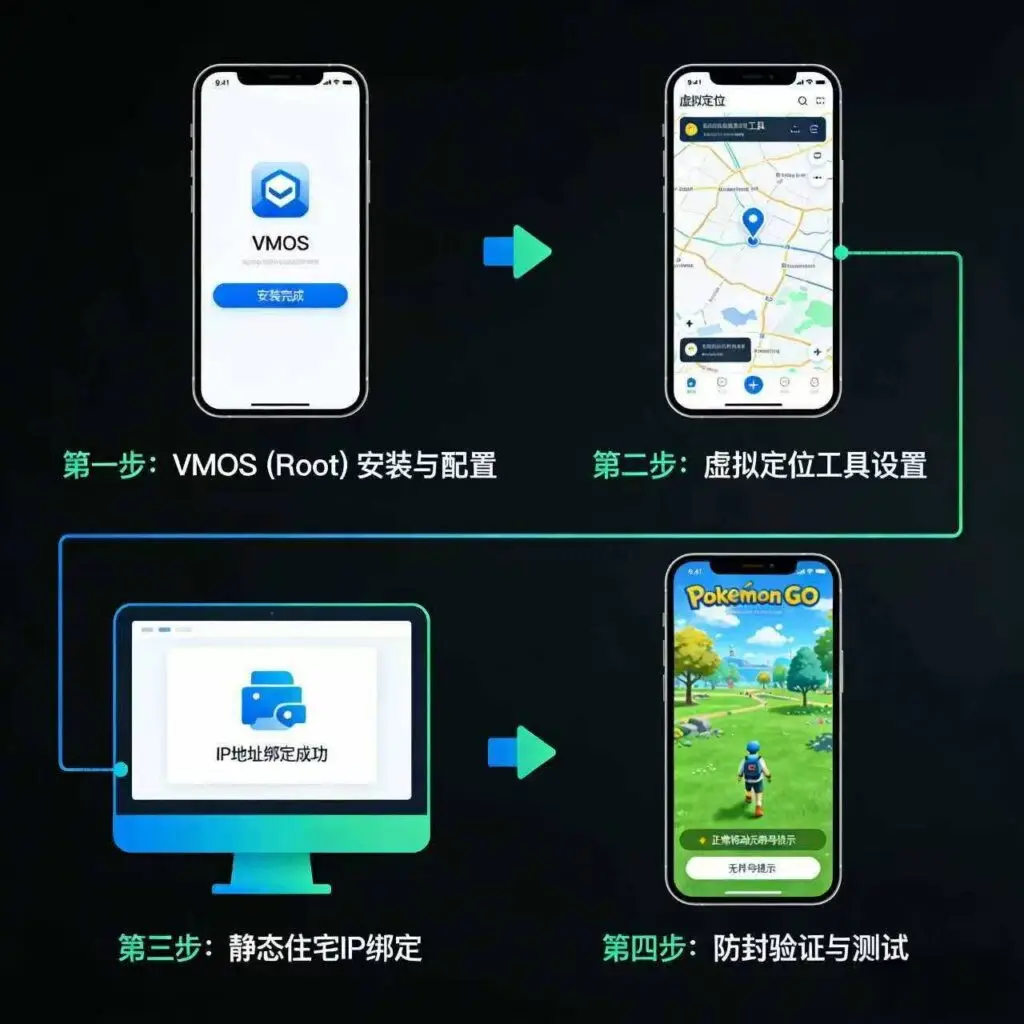 VMOS(Root)安装-虚拟定位工具设置-静态住宅IP绑定-防封测试完整流程图，适用于Pokémon GO等游戏或TikTok运营的IP+定位伪装