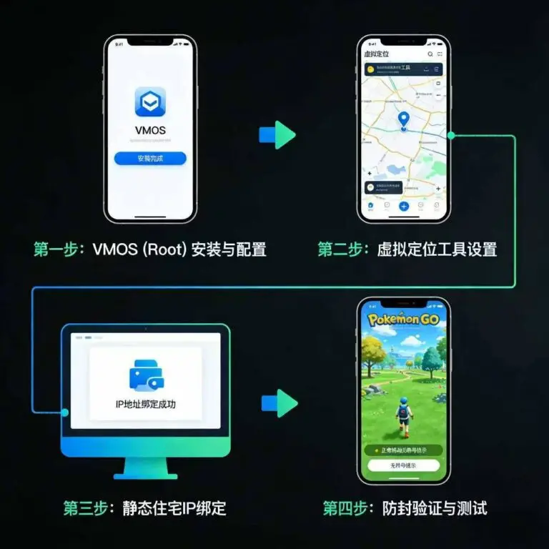 VMOS(Root)安装-虚拟定位工具设置-静态住宅IP绑定-防封测试完整流程图，适用于Pokémon GO等游戏或TikTok运营的IP+定位伪装