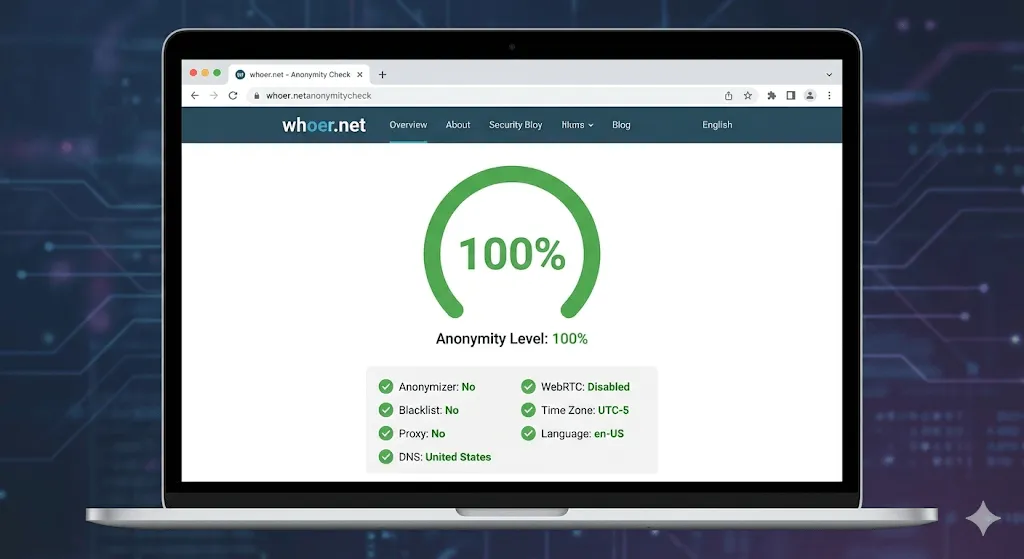 使用 IPWeb 静态住宅 IP 在云手机中通过 whoer.net 检测达到较高伪装度的界面截图
