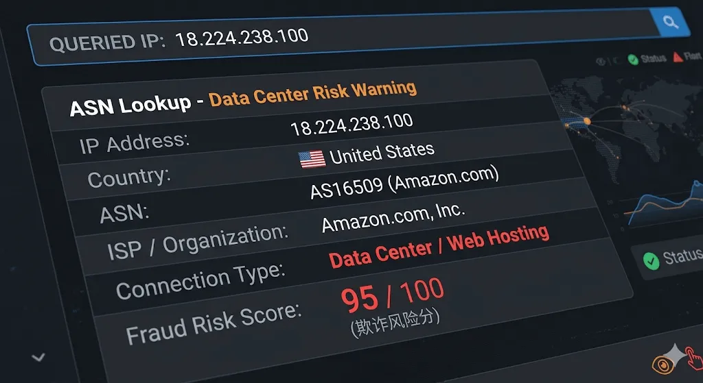 通过专业工具查询 IP 发现其 ASN 归属于数据中心机房，触发极高风控值
