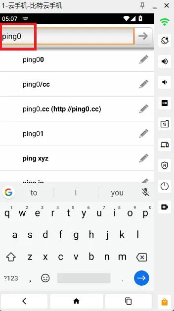 比特云手机内部访问 ping0 的截图