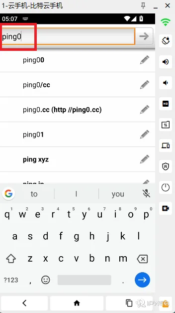 比特云手机内部访问 ping0 的截图