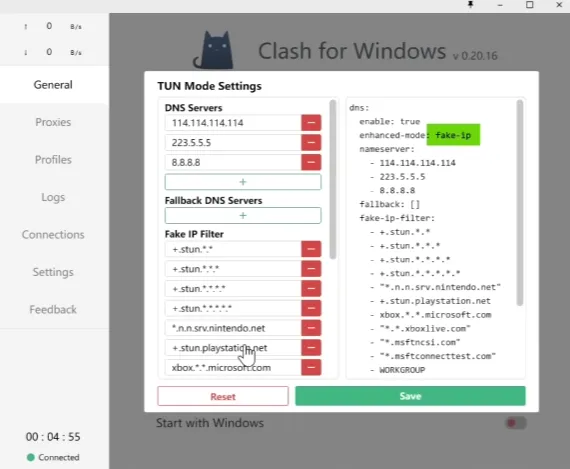 Clash Tunnel模式下内置DNS强制启用FakeIP设置