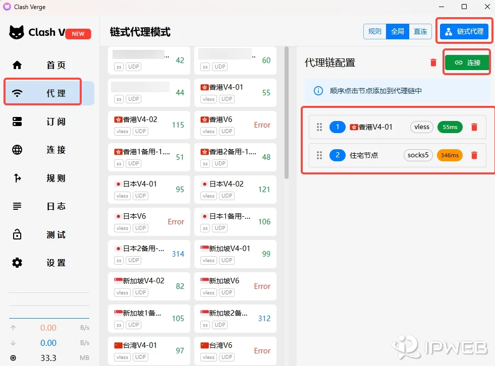 在 Clash Verge 代理页面进入链式代理模式后，先选择普通节点作为前置代理，再添加住宅节点作为最终出口的示意图