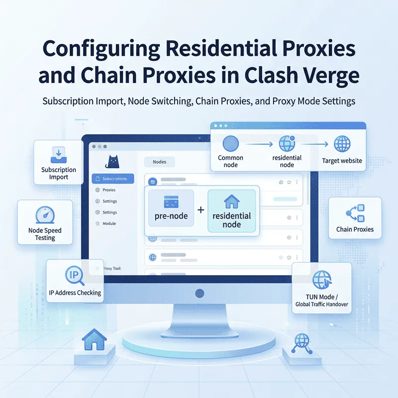 在 Clash Verge 中配置住宅代理与链式代理的桌面端操作示意图